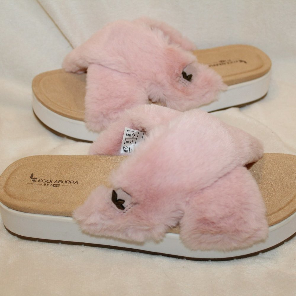 NIB UGG KOOLABURRA WOMEN'S FUR WEDGE SLIDES SLIPPERS‎ SANDALS PINK WHITE